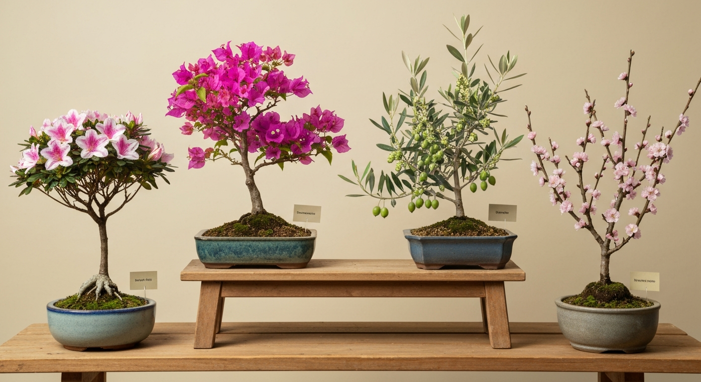 Bench of four flowering bonsai (azalea, bougainvillea, olive, Prunus mume), each labeled, photographed in soft daylight.