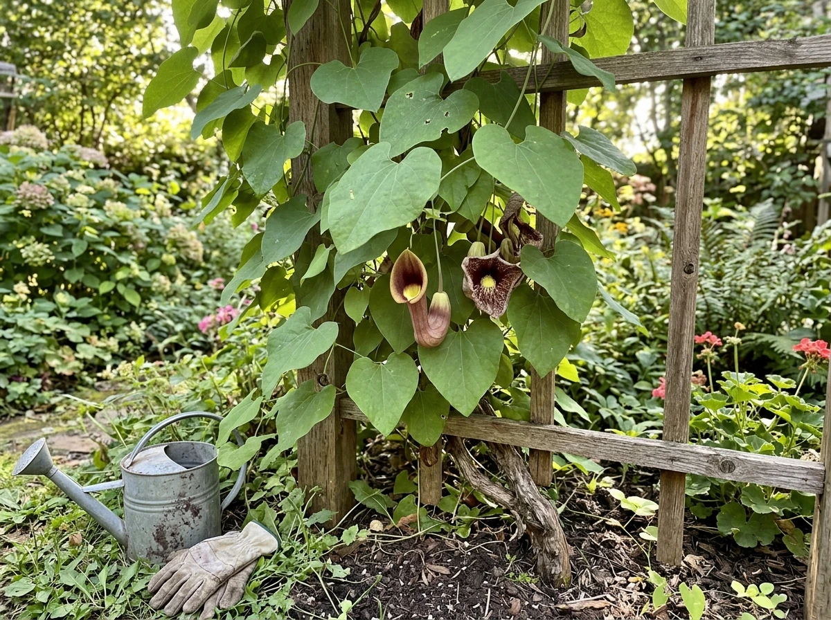 Duck flower vine on a trellis with heart-shaped leaves and blooms in natural garden light