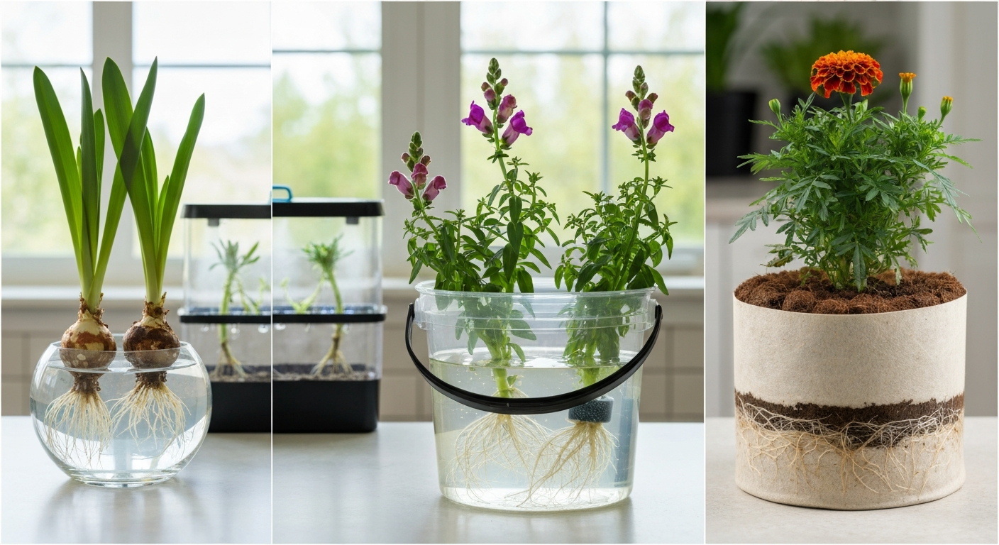 Collage of indoor soilless flower setups: DWC bucket with exposed roots, bulb forcing vase over pebbles, coco-coir pot with marigolds and an aeroponic cloner in the background.