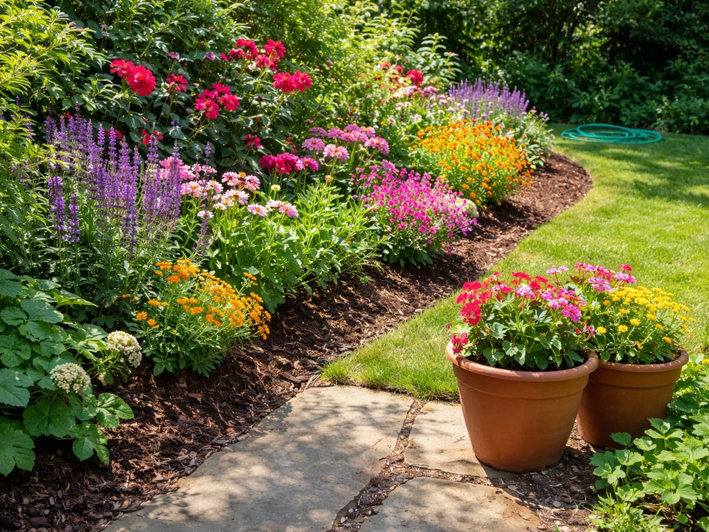 Bright outdoor flower garden with colorful blooms in ground beds and a few planters