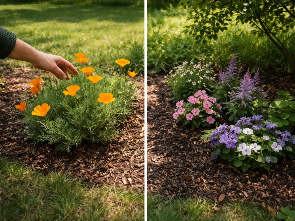 Garden bed comparison: full-sun flowers blooming on one side and shade-tolerant blooms in softer light.