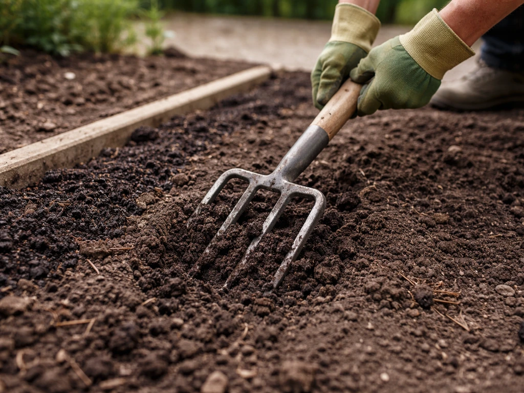Gardener loosening soil with a garden fork in an in-ground bed, with compost beside the bed.