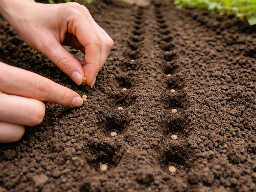 Close-up of hands placing flower seeds into small holes in prepared garden soil