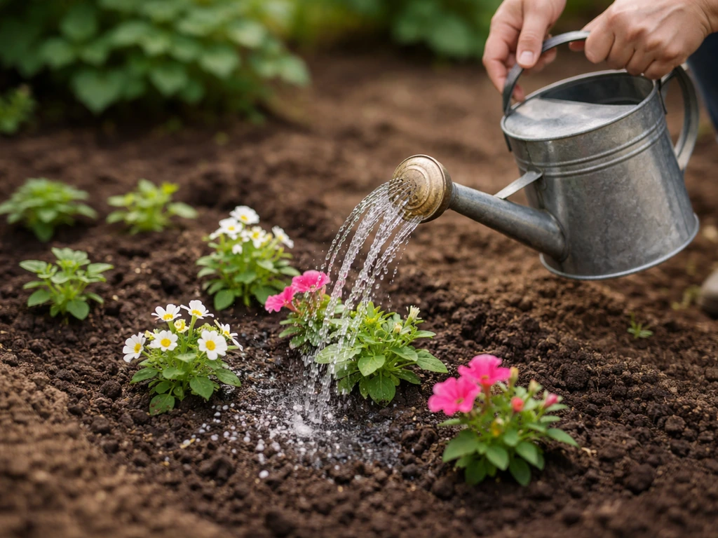 Watering freshly planted flower seedlings with a watering can and visible fertilizer granules.