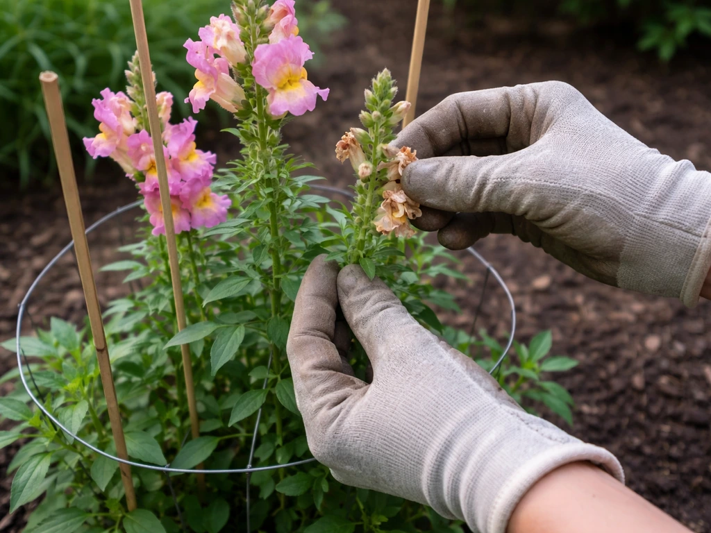 Gardener’s hand deadheading spent snapdragon blooms beside supported stems with stakes in a small garden bed