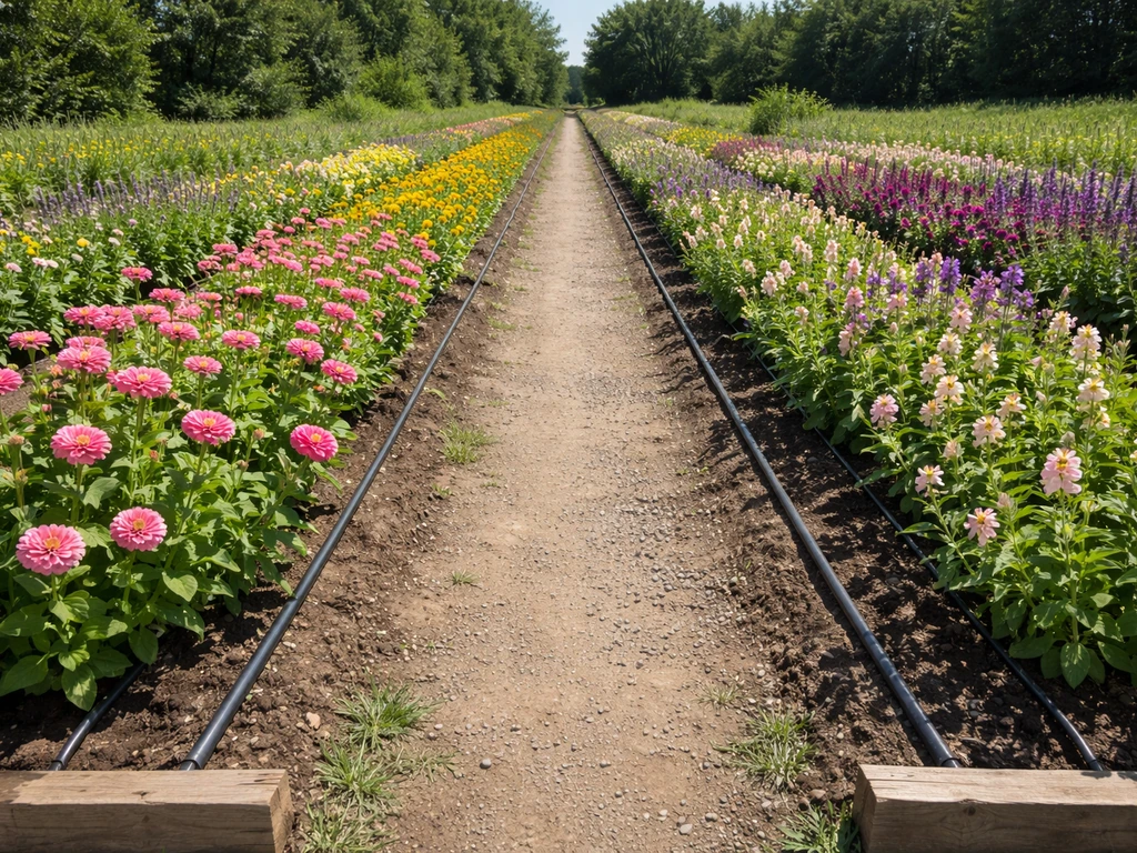 Vibrant cut-flower beds with drip irrigation and a clear path under direct sun