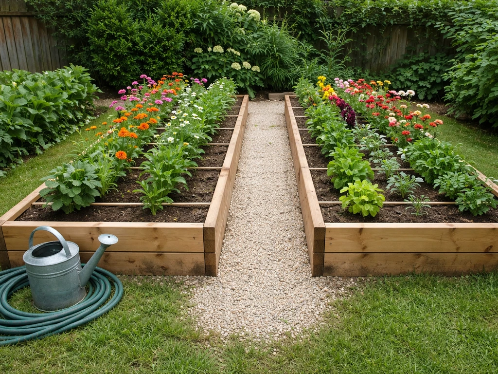 Simple backyard cutting garden with raised beds and labeled spacing markers using natural materials
