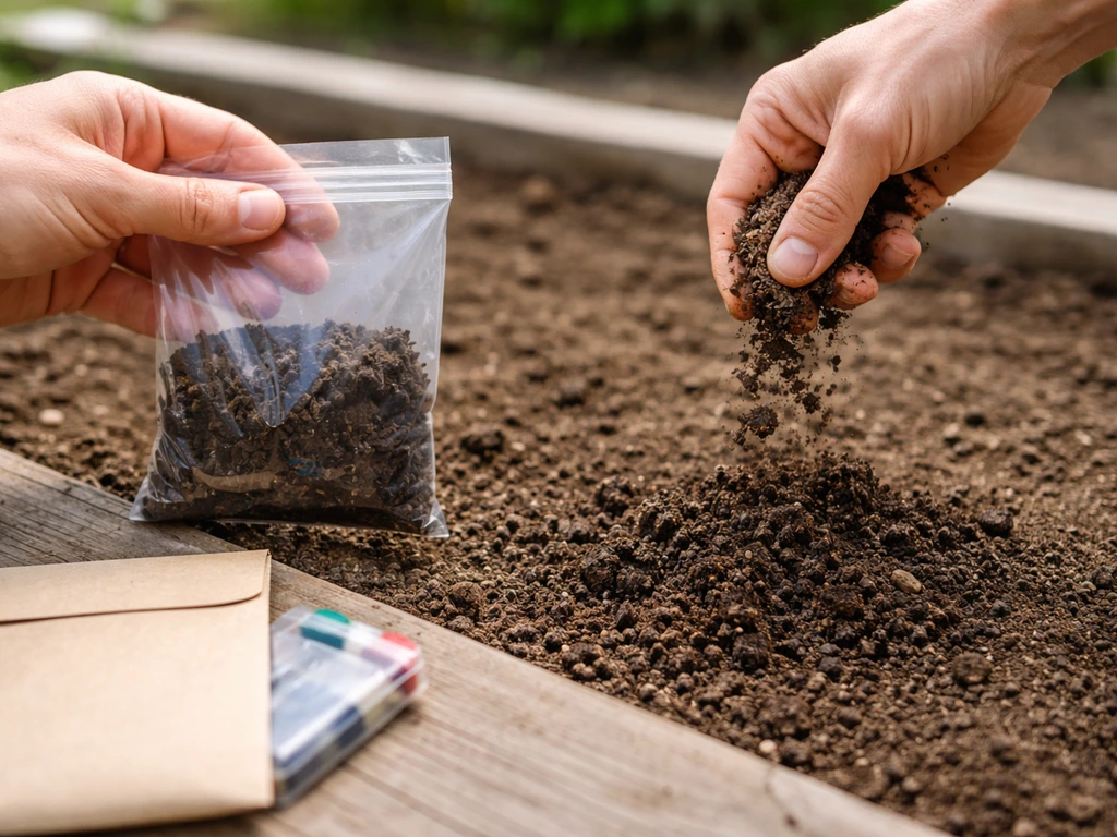 Close-up of hands adding compost while holding a soil sample bag and soil test supplies nearby.