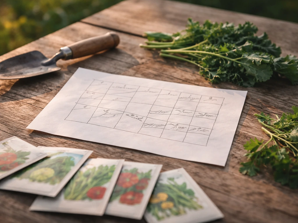 Seed packets and a simple hand-drawn planting calendar on a farm table.
