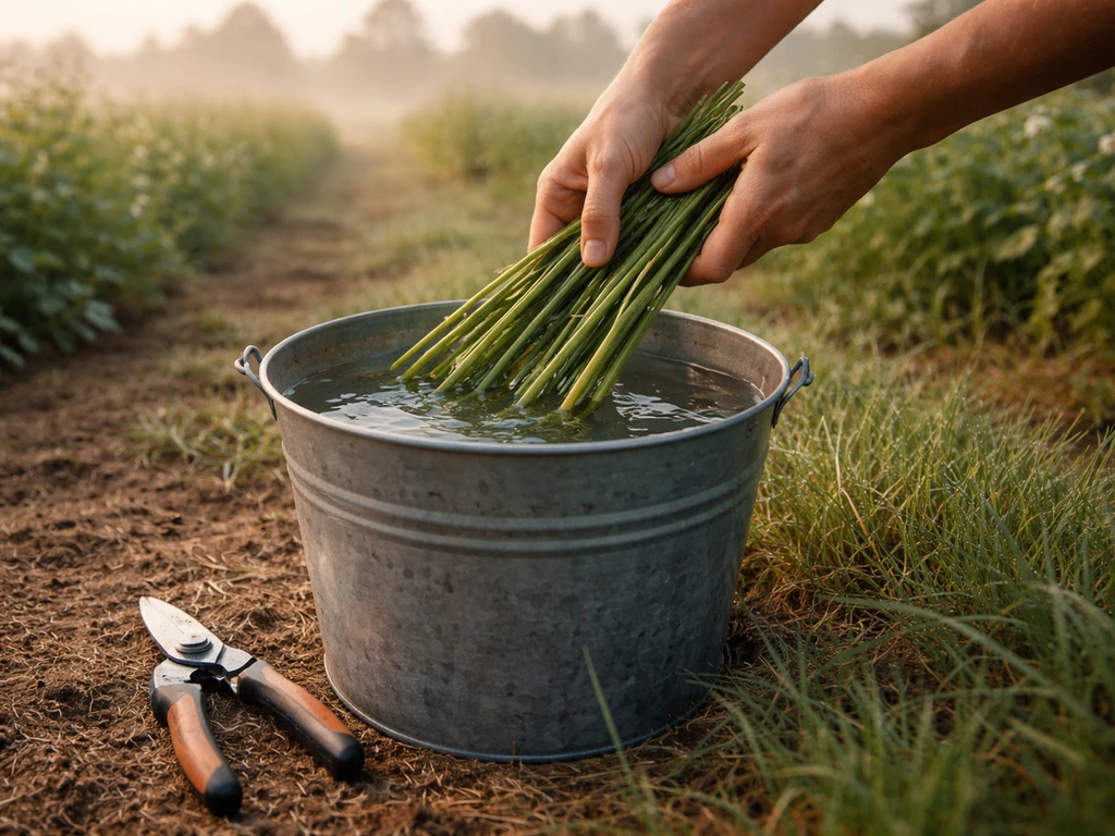 Early-morning cut stems placed into a bucket of cool water beside a pair of clean garden shears.