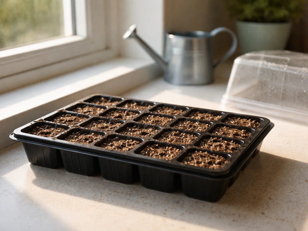 Black seed cell tray with fine starter mix and lightly covered balsam seeds on a sunny indoor windowsill.
