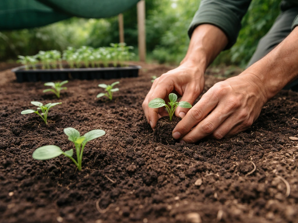 Gardener hands place spaced seedlings into prepared garden soil in a sheltered shady spot.