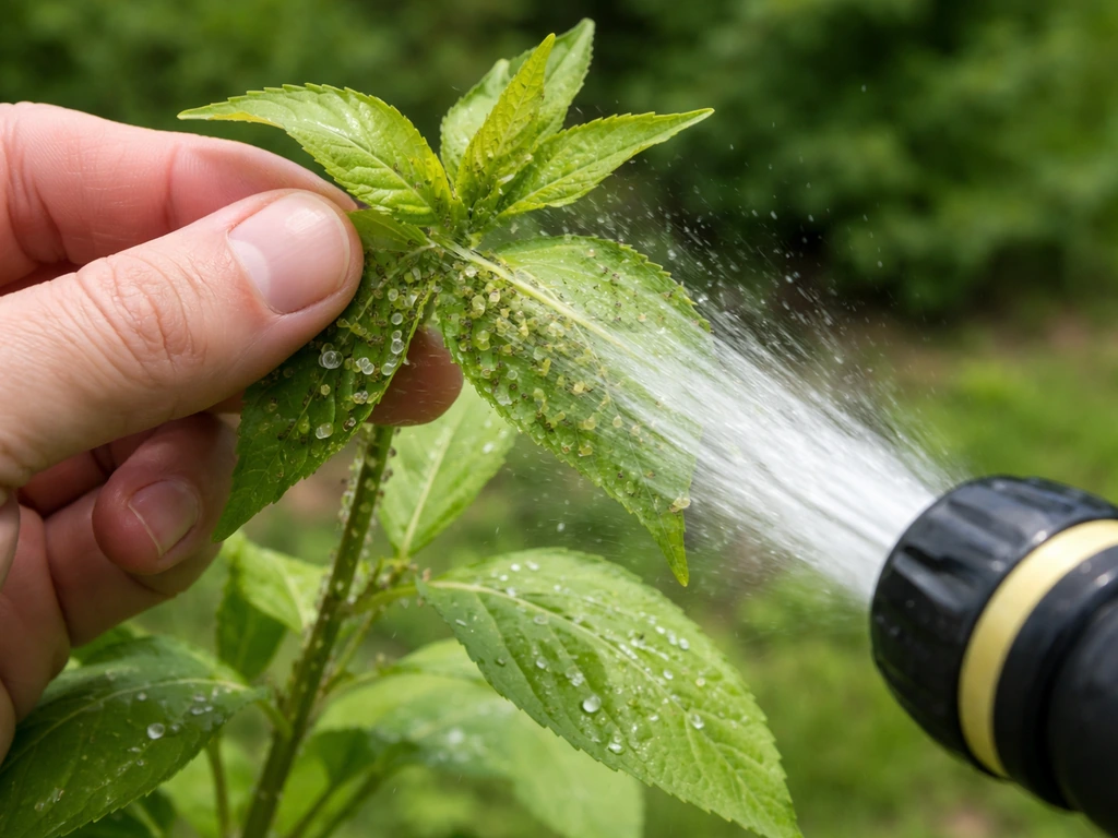 Aphids on fresh balsam growth with gardener hands and a hose misting the underside of leaves