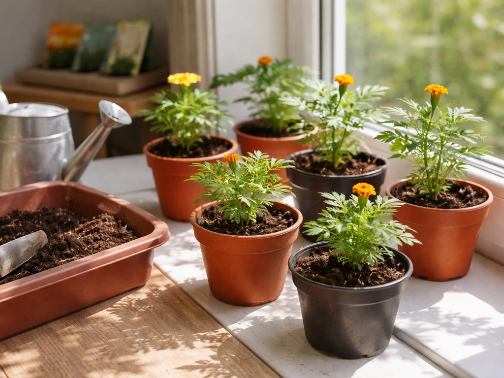 Marigold seedlings on a bright windowsill with small seed packets and potting tray nearby