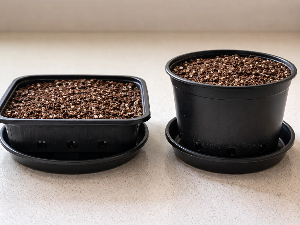 Close-up of two seed-starting containers with drainage holes, depth, and potting mix texture side by side.