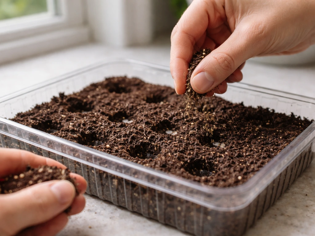 Hands placing marigold seeds into a tray of moist seed-starting mix, covered lightly with mix