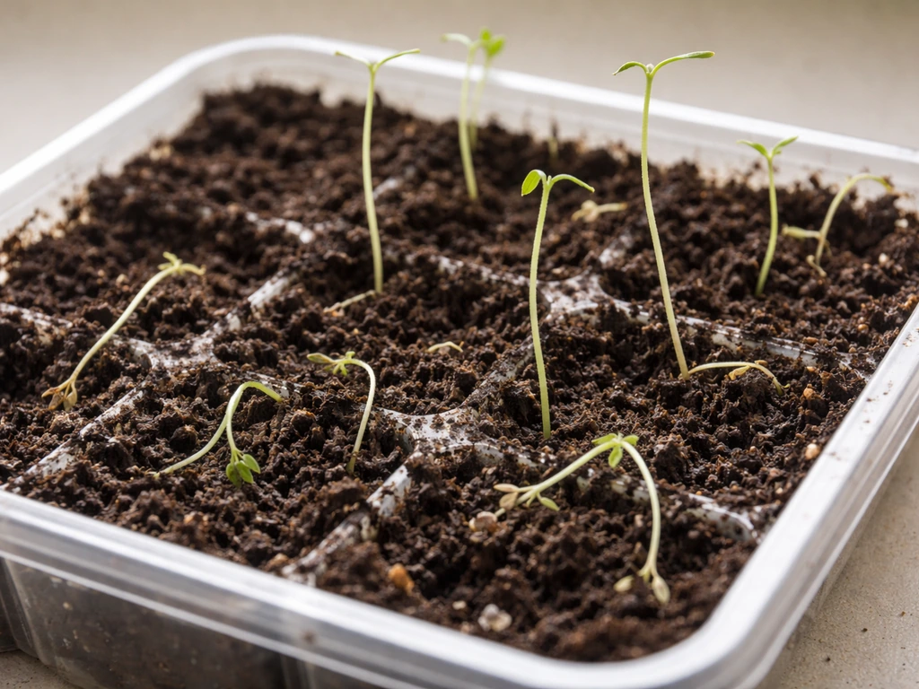 Seedlings in a propagation tray with stems pinched at the soil and several collapsed near the base.