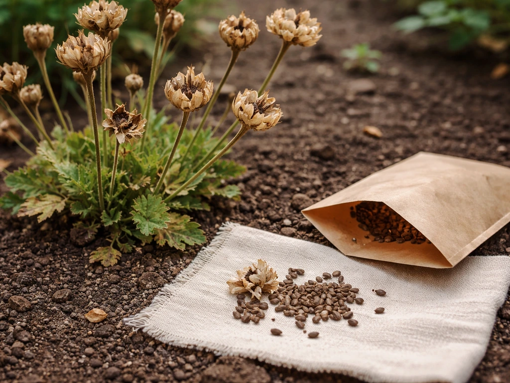 Mature papery seed heads on a flowering plant with harvested seeds and an unbranded paper packet ready.