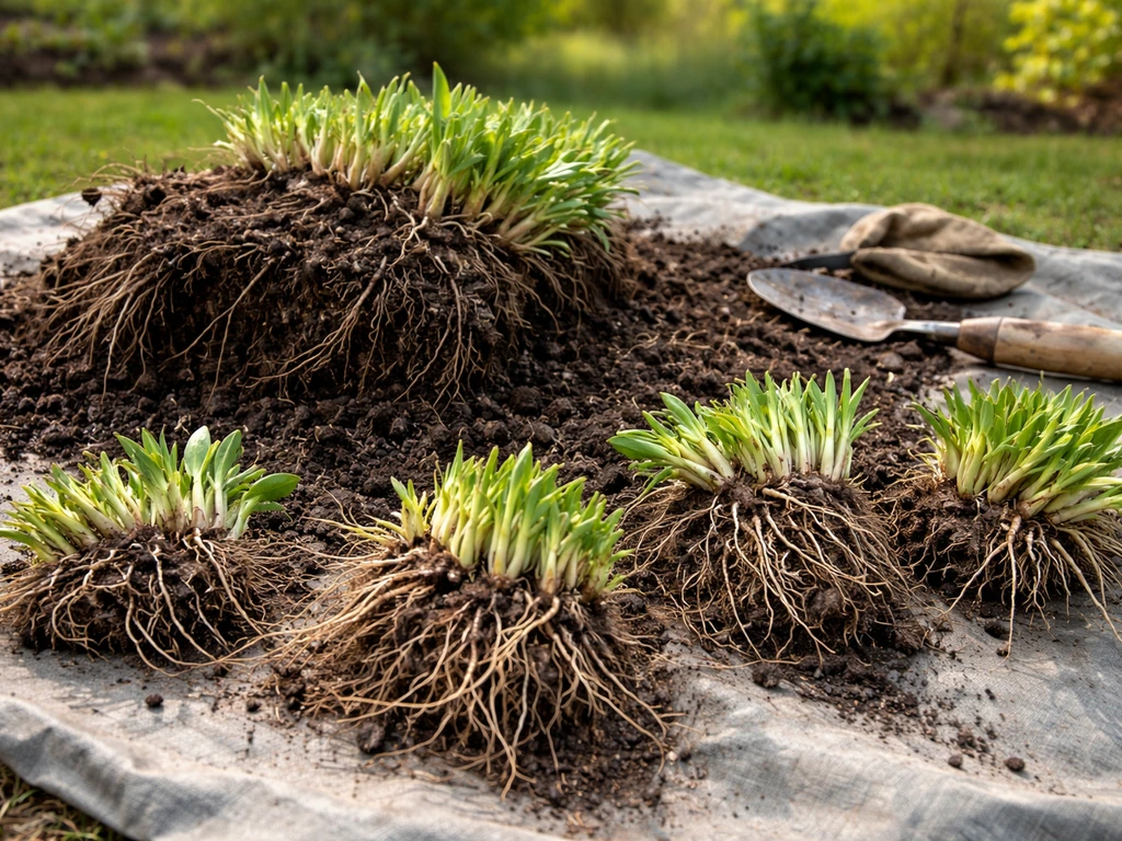 Clump-forming perennial dug up and split into sections on a tarp, roots and crown visible.