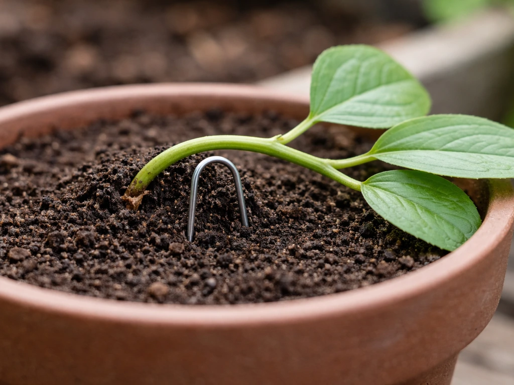 Gardener layers a flexible plant stem into a small soil mound in a pot, wound point touching earth.