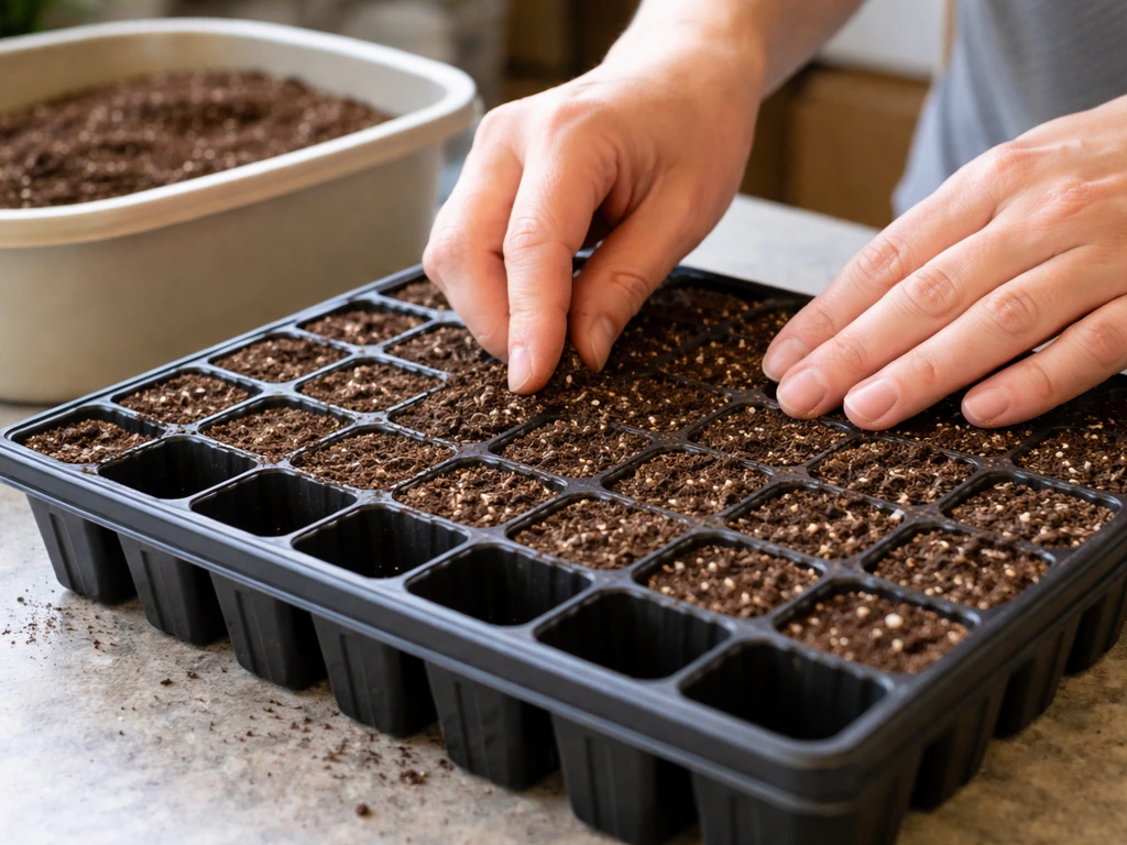 Hands filling small seed-starting cells with fine seed-starting mix in clean propagation tray