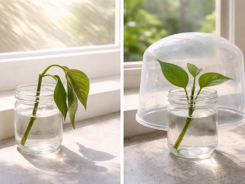 Wilted plant cutting in harsh light beside a healthier cutting in bright shade with higher humidity.
