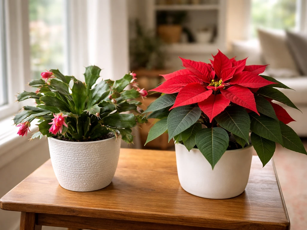 Two holiday plants—Christmas cactus and poinsettia—side by side on a simple table in a cozy home.