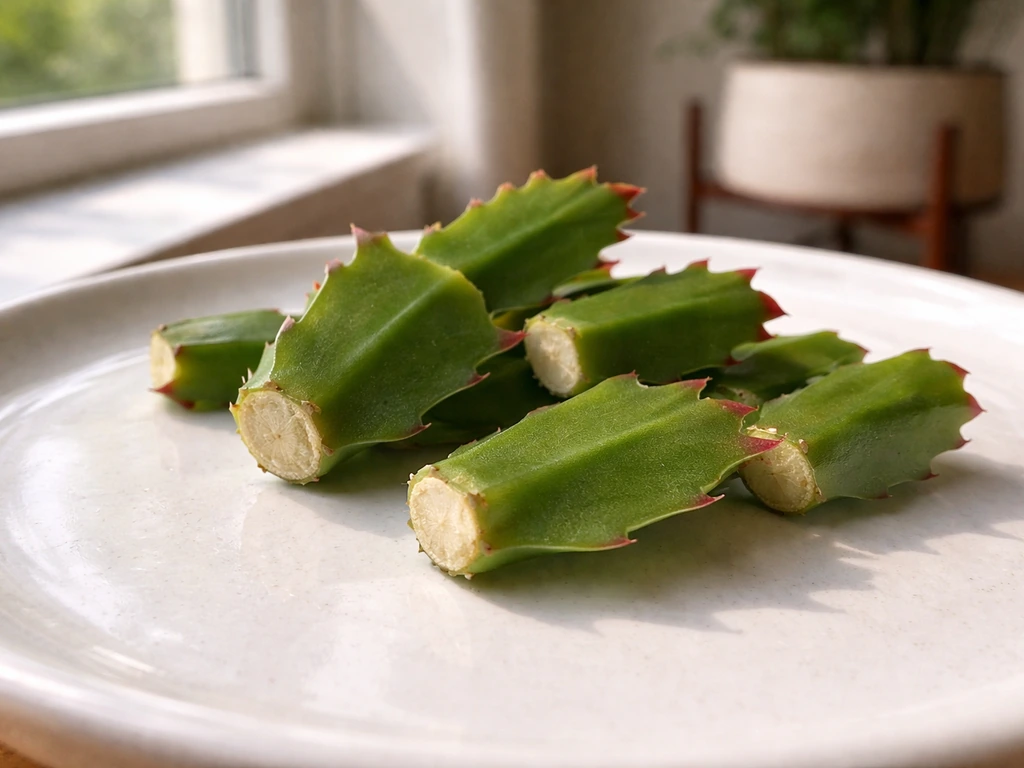 Fresh Christmas cactus stem segments on a ceramic plate with cut ends drying/calliusing