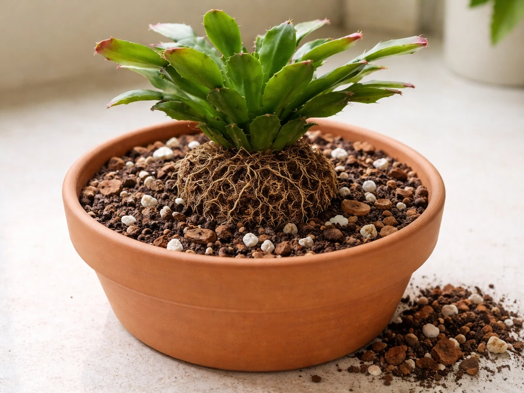 Christmas cactus root ball in a slightly larger pot with airy, well-draining soil mix