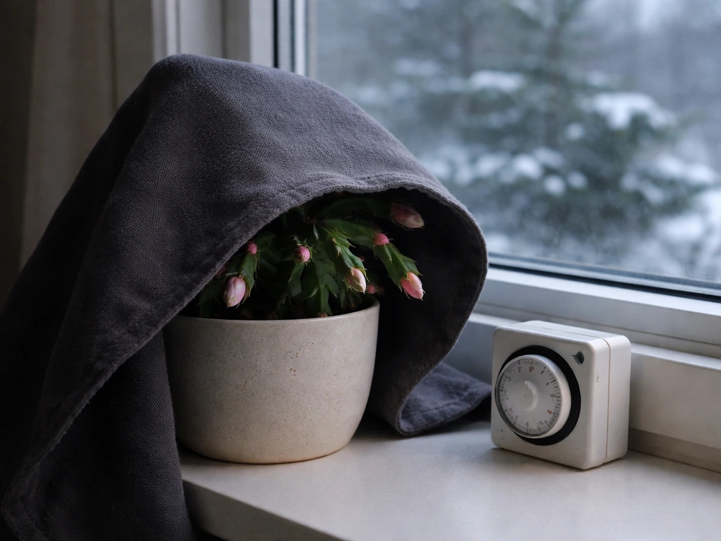 Christmas cactus resting in darkness overnight under a timer, in a cool room during forcing routine