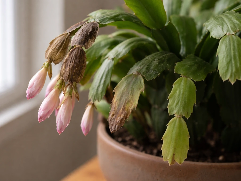 Close-up of a Christmas cactus with drooping buds and browning segments indicating troubleshooting signs.