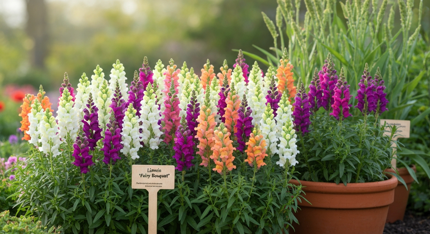 Mass planting of Linaria 'Fairy Bouquet' with pastel and vivid snapdragon-like flower spikes in a garden border and a terracotta container, in soft morning light.