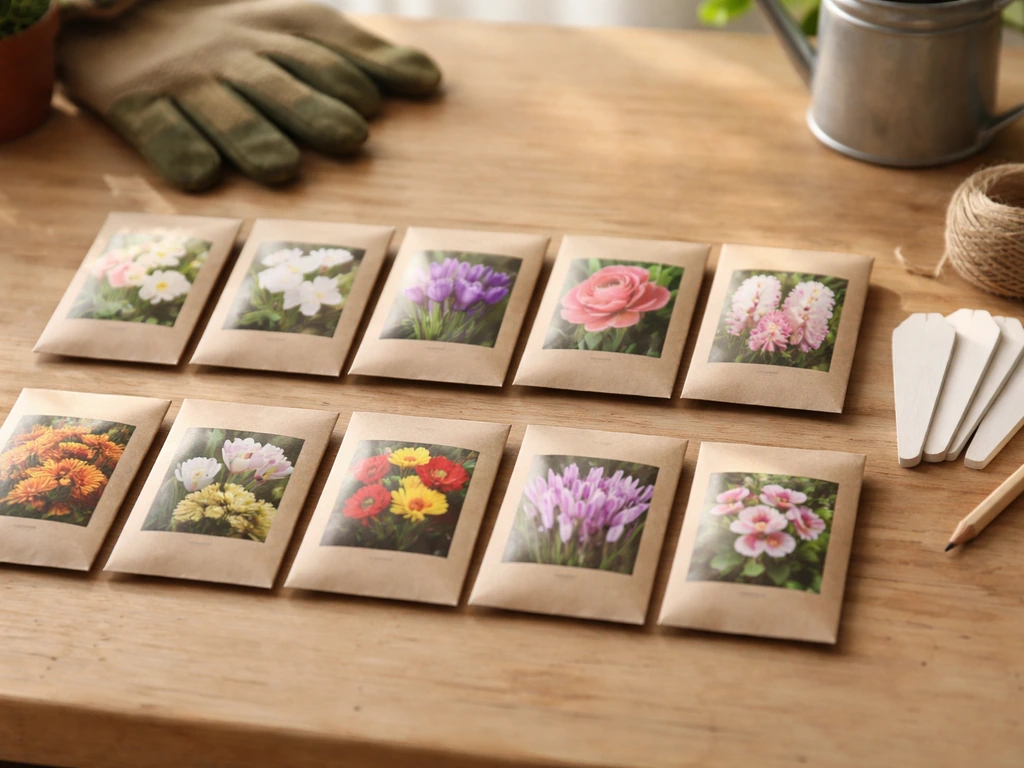Seed packets and plant labels laid out for spring vs fall bloom timing on a garden worktable.