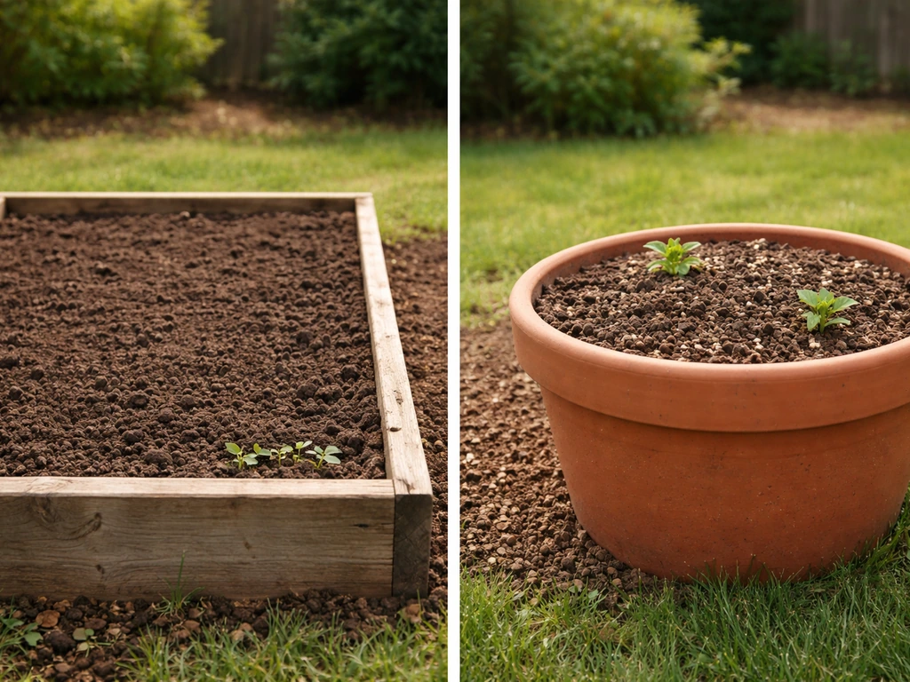 Side-by-side raised bed soil mix and potting mix containers in a backyard garden.