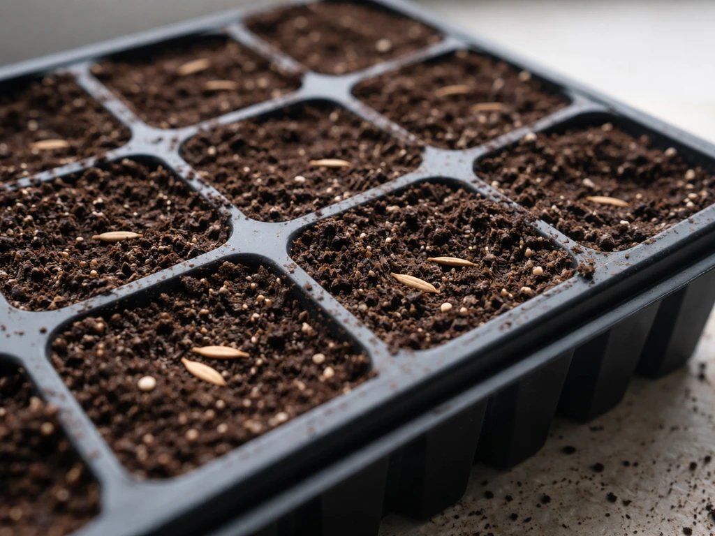 Closeup of a seed-starting tray with moistened mix and marigold seeds ready to be covered.