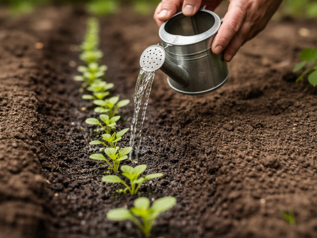 Hands watering young seedlings with a small watering can, moist soil around emerging shoots.