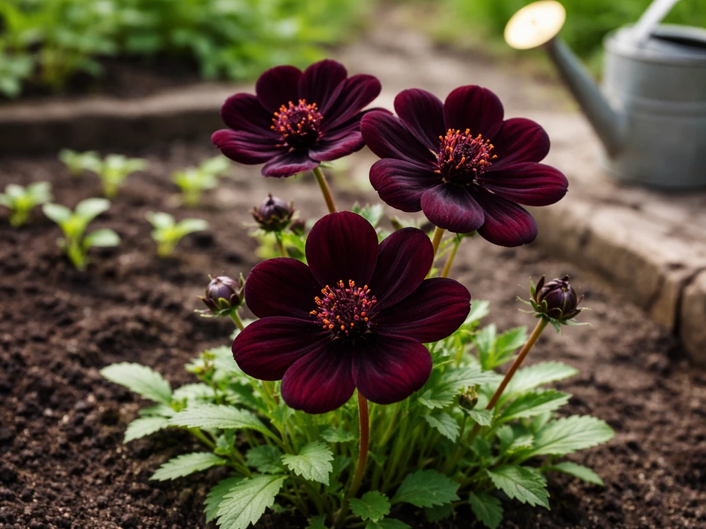 Near-black flowers in full bloom with nearby seedlings in a simple garden bed.