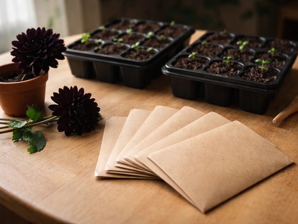 Home gardener’s table with near-black flower seed packets and a few starter trays