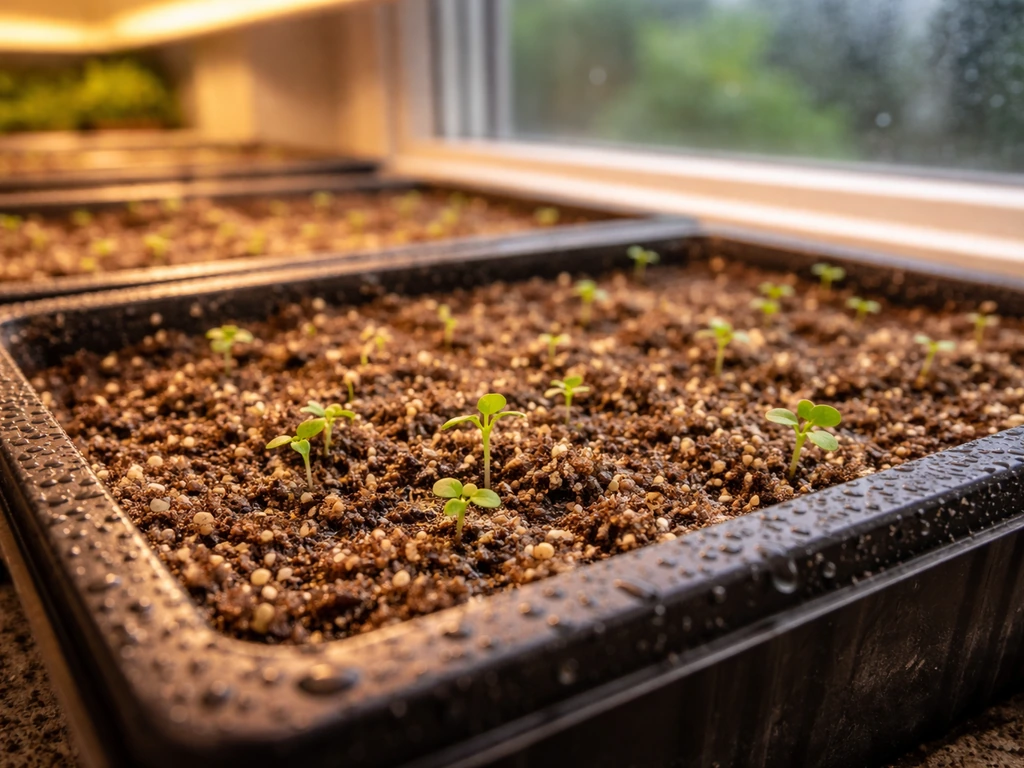 Tiny seedlings and surface-sown seeds in seed trays under warm grow lights indoors.