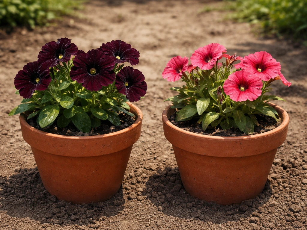 Two potted flowering plants side by side showing darker near-black blooms versus slightly washed blooms.