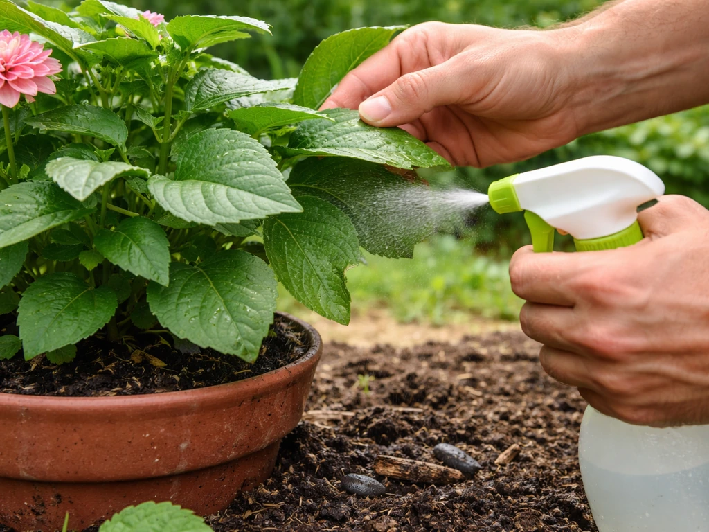 Gardener inspecting leaf undersides and spraying insecticidal soap on potted flowering plants
