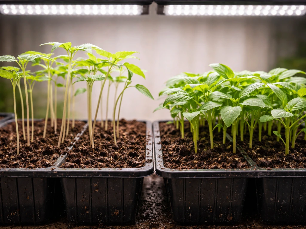 Close-up of leggy seedlings with long thin stems beside compact seedlings under bright grow lights.