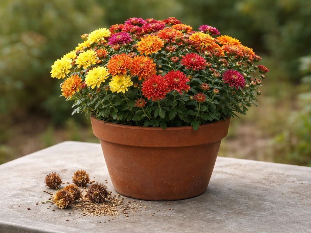Blooming potted mums beside a few dried mum flower heads and seed debris on a garden table.