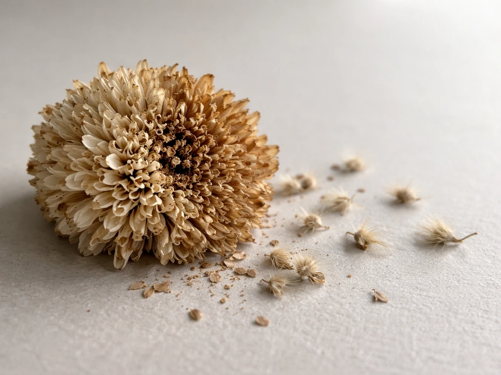 Close-up of a dried chrysanthemum head showing clustered florets beside tiny seed-like remnants.