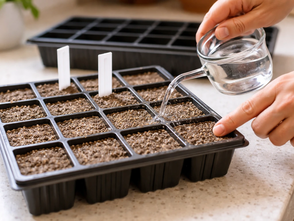 Hands filling a seed tray with sterile mix and moistening cells for germinating seeds.