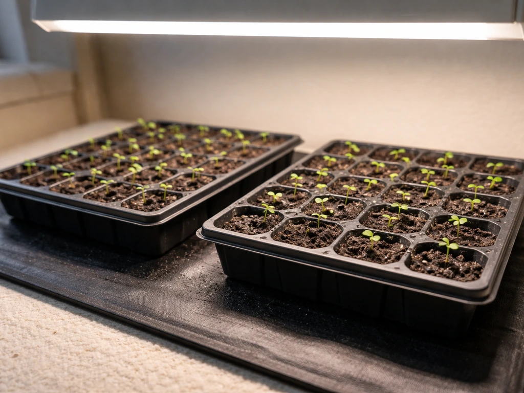 Seed trays under bright grow light with a warm seedling heat mat, seedlings emerging in a tidy setup.