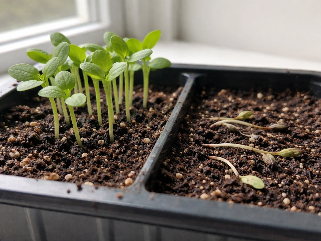 Healthy seedlings upright beside collapsed seedlings at the soil line showing damping-off.
