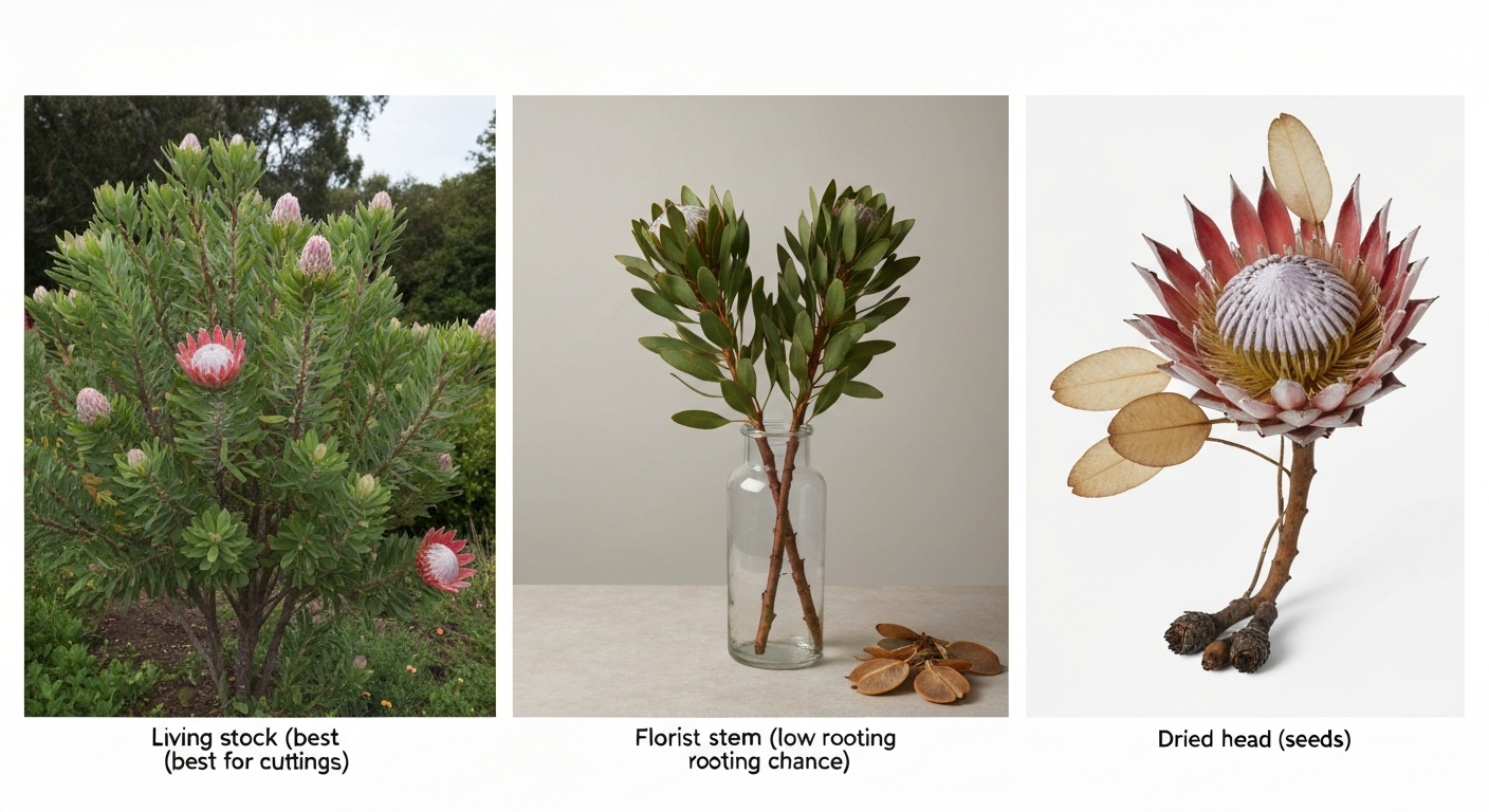 Three-panel view: living protea shrub, florist-cut stem in vase, and a dried protea head opened to show seeds.