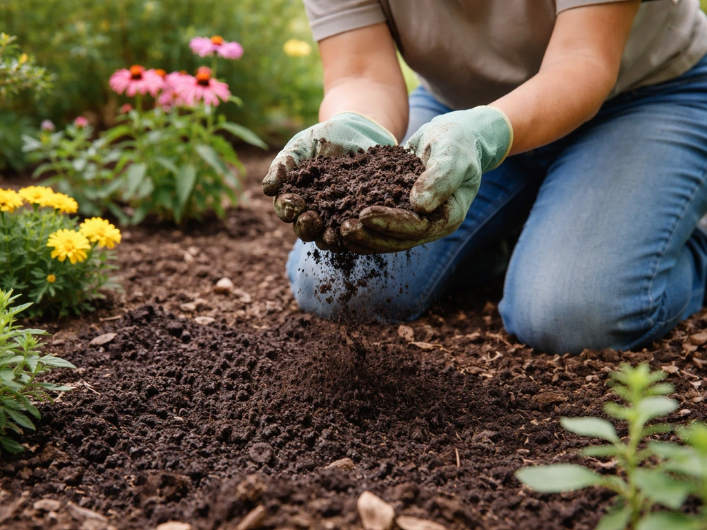 Anonymous gardener kneeling and sprinkling dark, crumbly mature compost into a flower bed