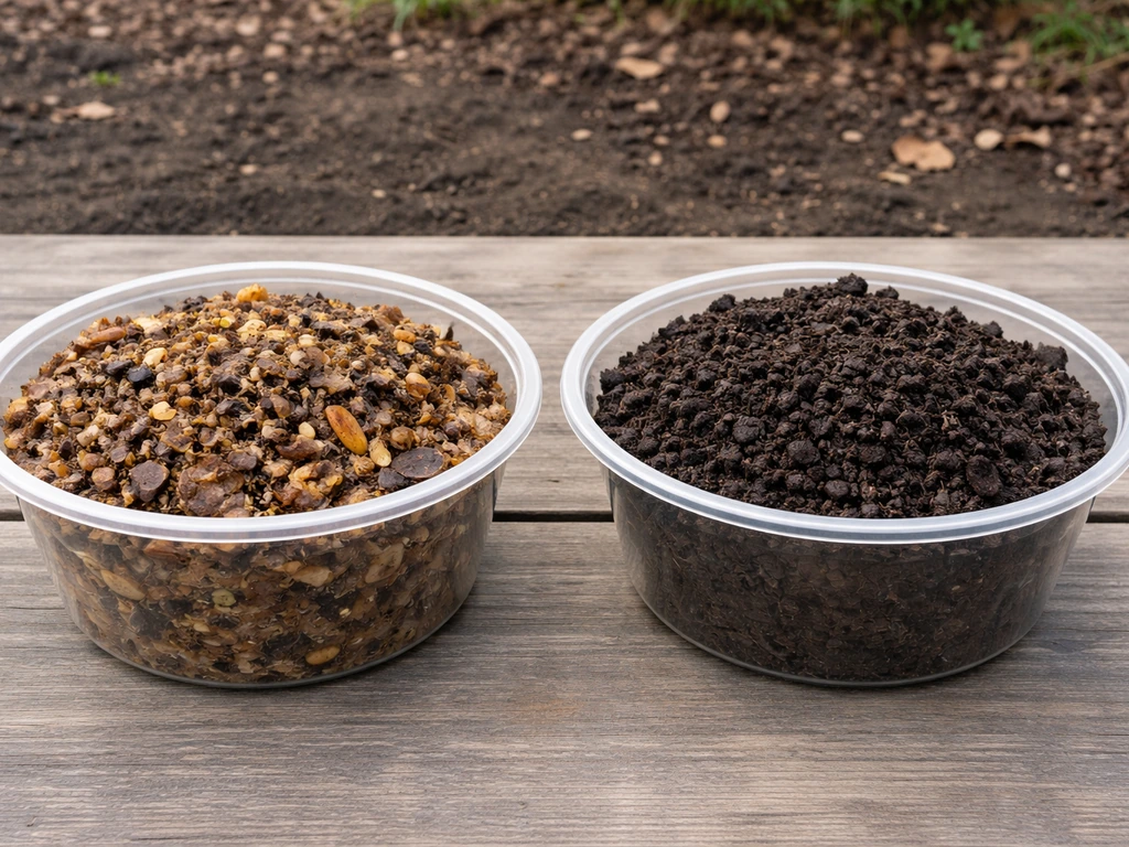 Side-by-side bowls showing lighter, chunky immature compost versus dark, crumbly mature compost.